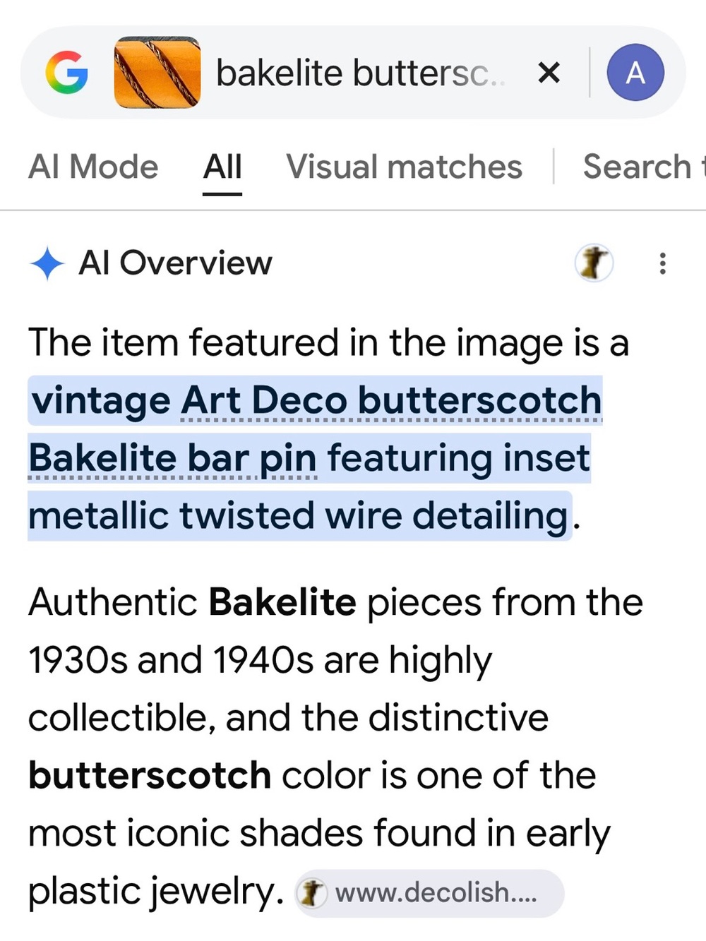 Bakelite Vintage Butterscotch Resin Bar Pin w/Twisted Gold Decorative Rope Inlay - Picture 9 of 14